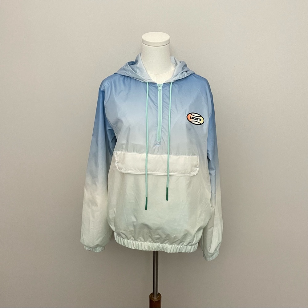 Lacoste Live Jacket Pullover Windbreaker Hood Pockets Spell Out Ombré Blue White